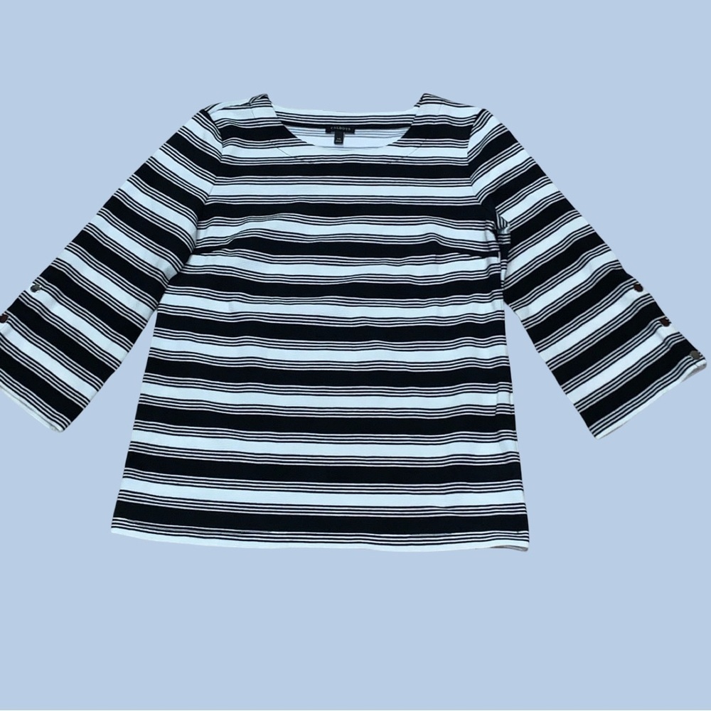 Talbots 3/4 Sleeve Thick Black & White Stripe Cotton Round Neck Top Size XS